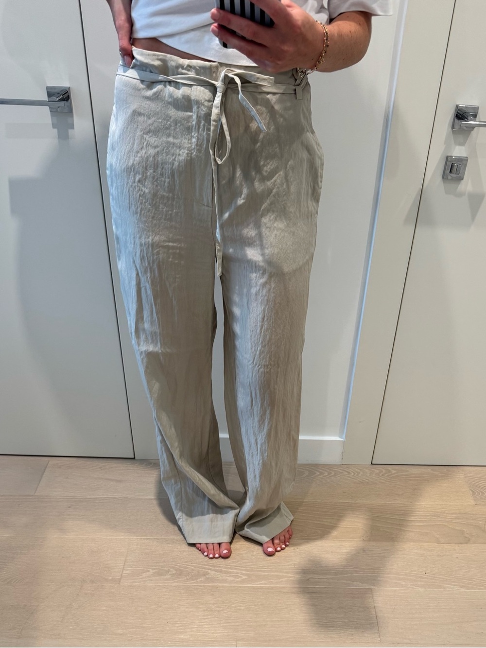 Vince Light Beige Drawstring Linen-Blend Pants